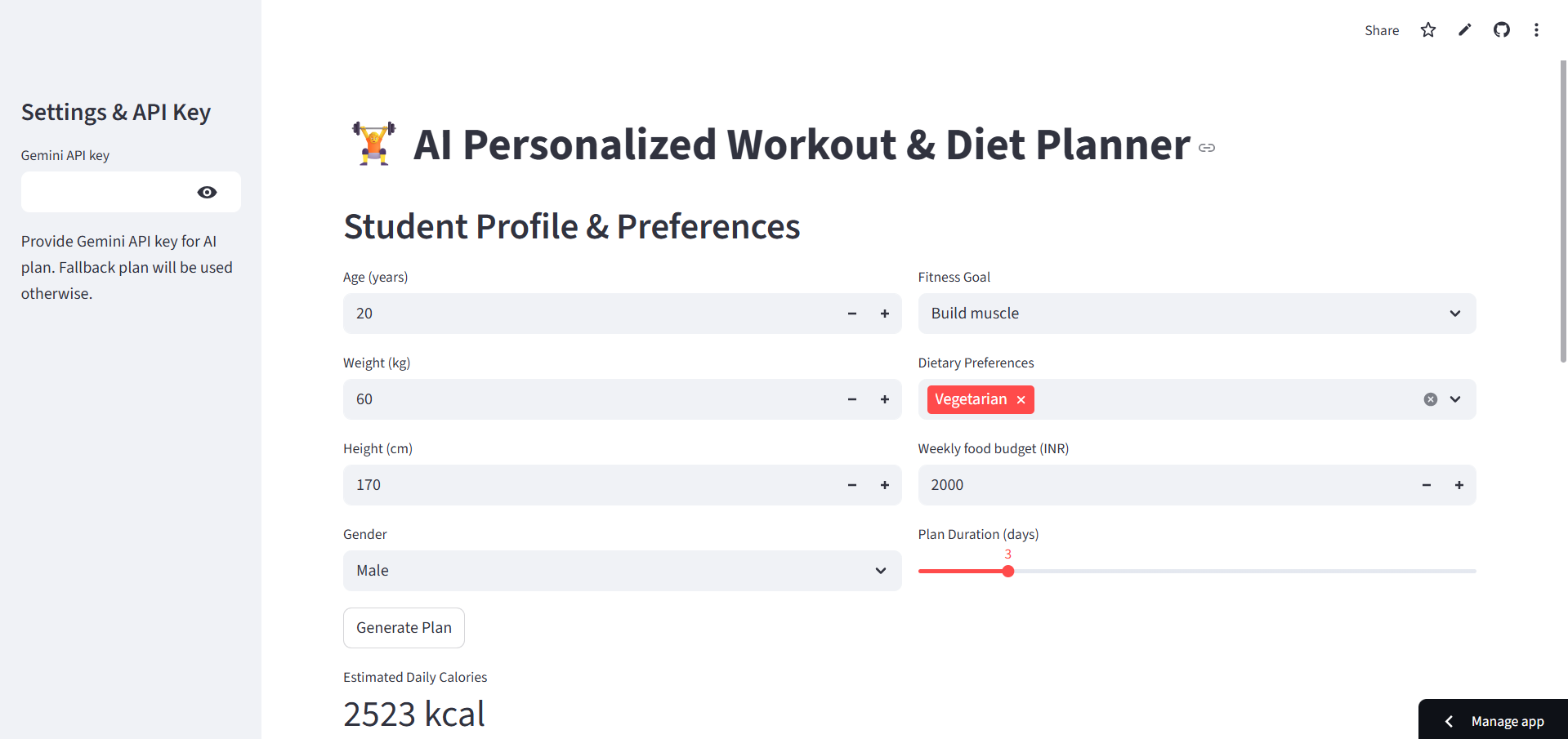AI Workout & Diet Planner (Internship Project)